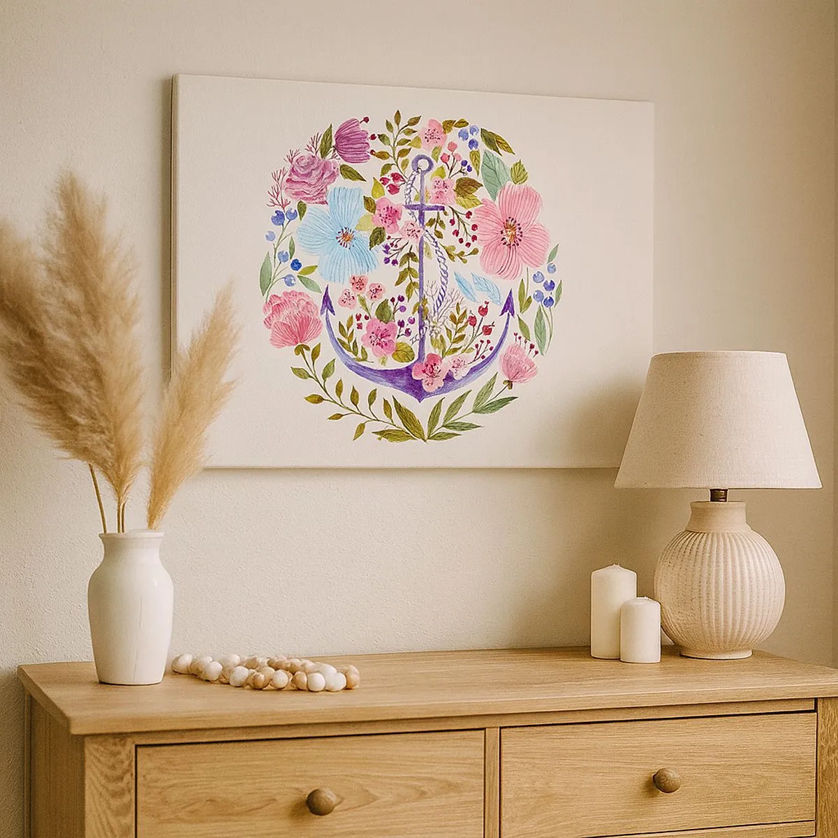 Tablou pe pânză Canvas - O ancoră înconjurată de flori în acuarelă pe un fundal deschis - 70x50cm - Somnul bun al marinarului - Decorațiune modernă pentru perete pentru living și dormitor ARTTOR