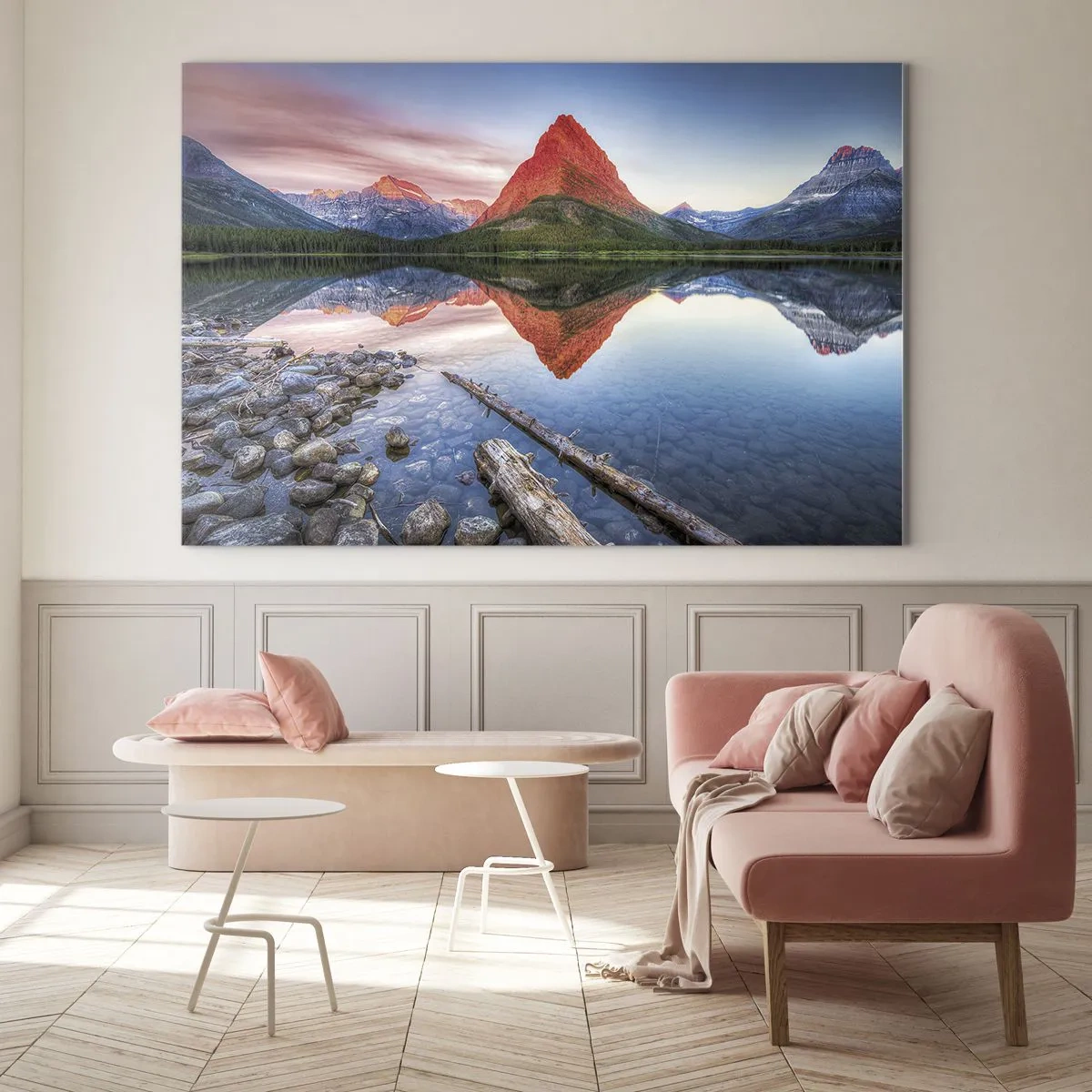 Tablou pe sticlă - Un vârf de munte reflectat într-un lac liniștit - 70x50cm - Căldură și frig - Decorațiune modernă pentru perete pentru living și dormitor ARTTOR