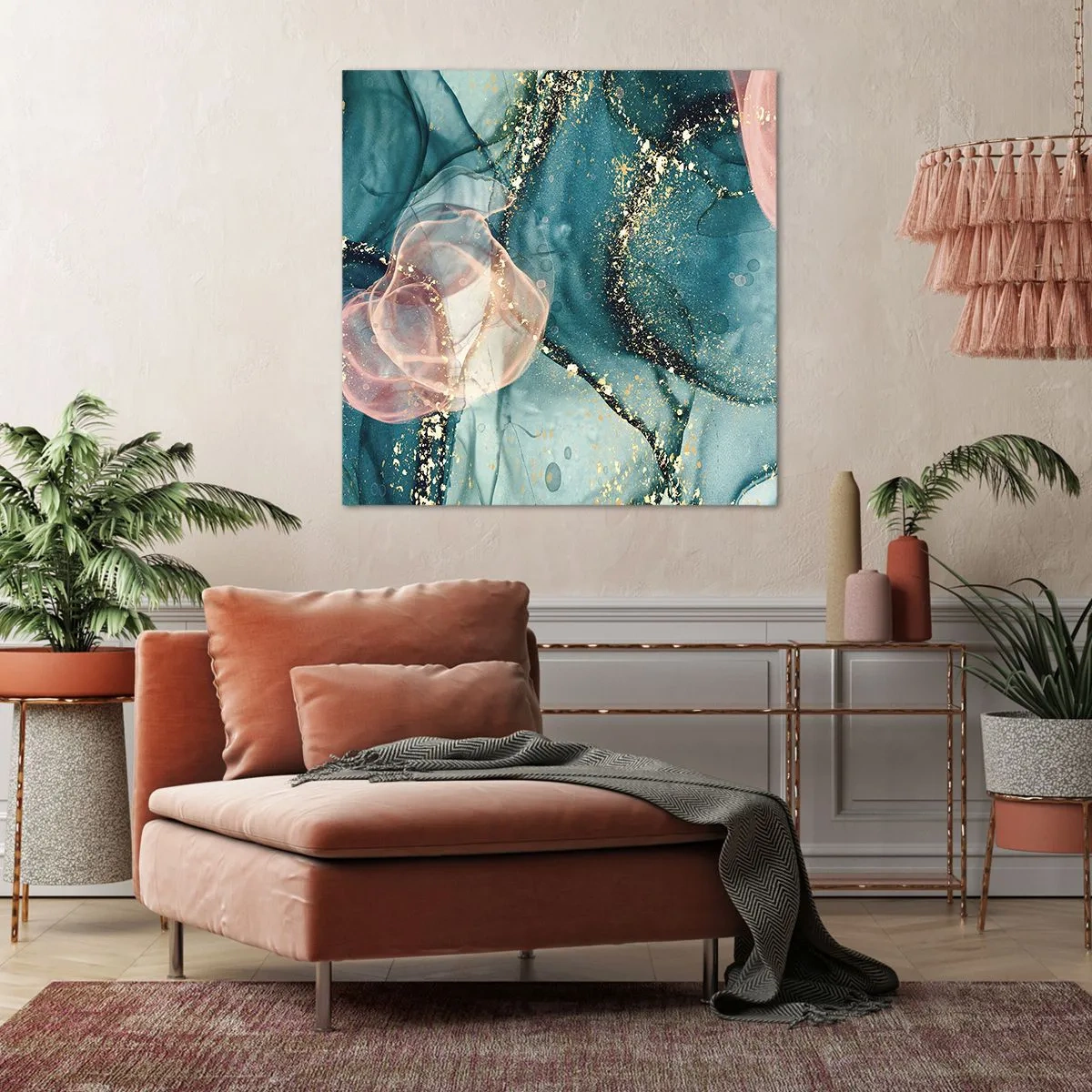 Tablou pe pânză - Mătase albastră, tul roz - 70x70 cm