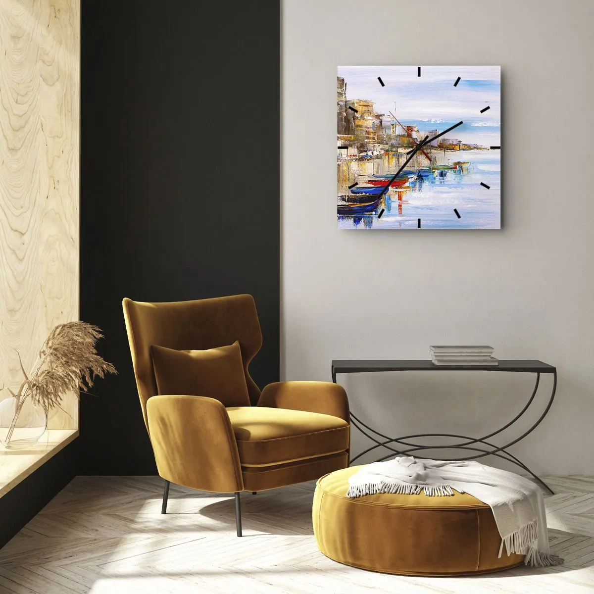 Ceas de perete - Ceas pe sticlă - Port urban multicolor - 40x40 cm