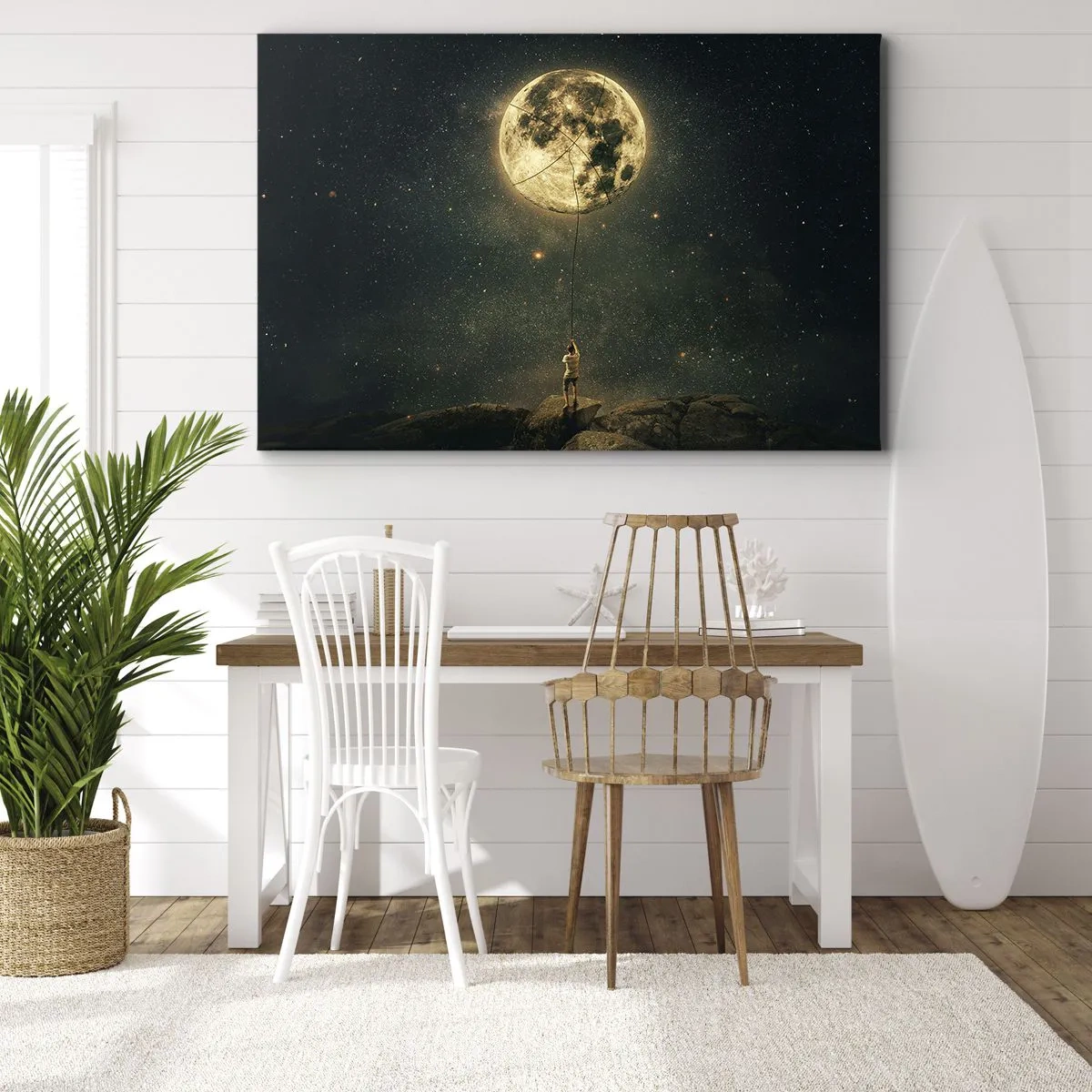Tablou pe pânză Canvas - Omul cu Luna pe fundalul cerului înstelat - 70x50cm - Cel care a furat Luna - Decorațiune modernă pentru perete pentru living și dormitor ARTTOR