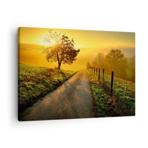 Tablou pe pânză Canvas - Un drum pitoresc la apus, cu un copac singuratic în fundal - 70x50cm - O după-amiază de miel - Decorațiune modernă pentru perete pentru living și dormitor ARTTOR