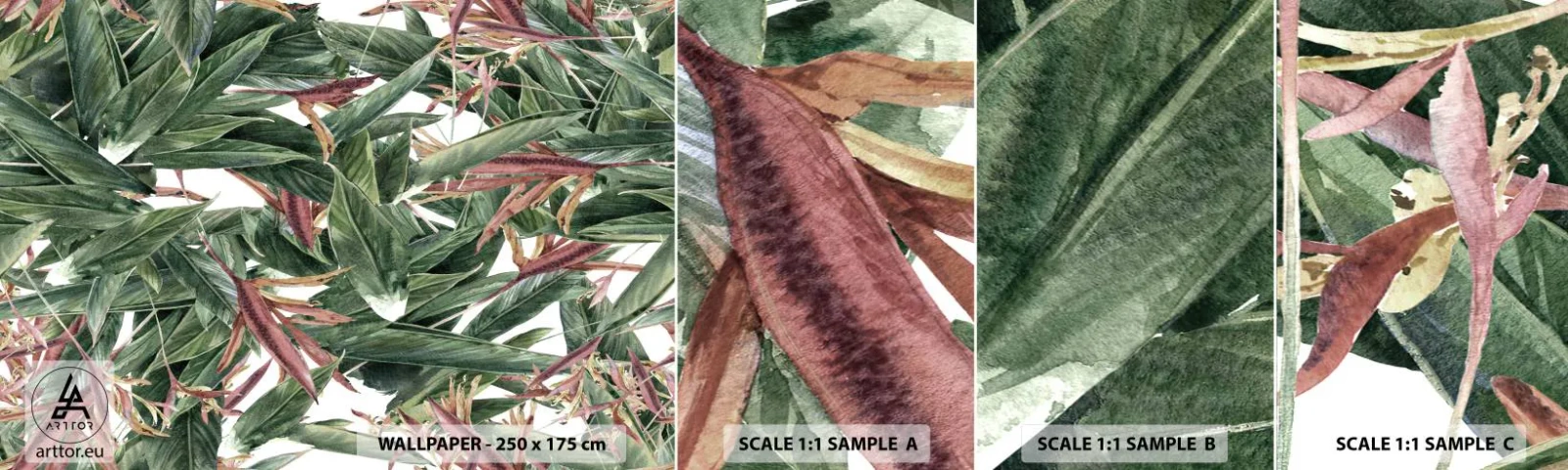 Mostră tapet autocolant Deluxe Sticker - Tufișuri de smarald și liliac - Flori, Hawaii, Frunze - 100x30 cm