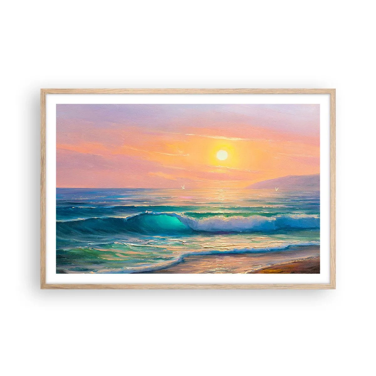 Poster în ramă de stejar deschis - Cântecul turcoaz al valurilor - 91x61 cm