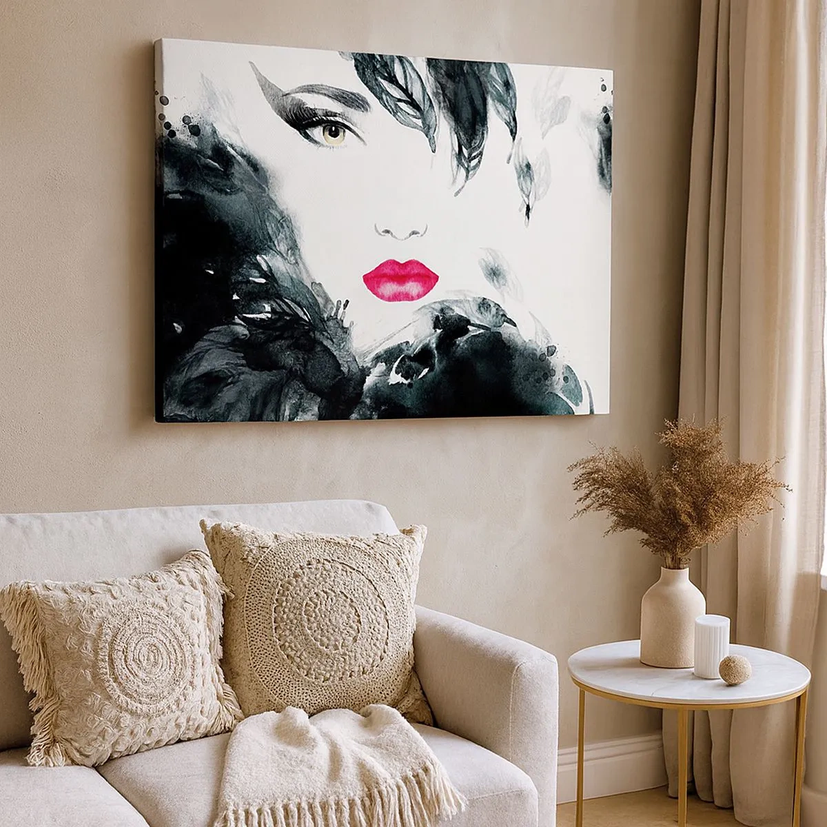 Tablou pe pânză Canvas - Portret artistic al unei femei cu buze intens roz - 70x50cm - Atenție! Femme fatale - Decorațiune modernă pentru perete pentru living și dormitor ARTTOR