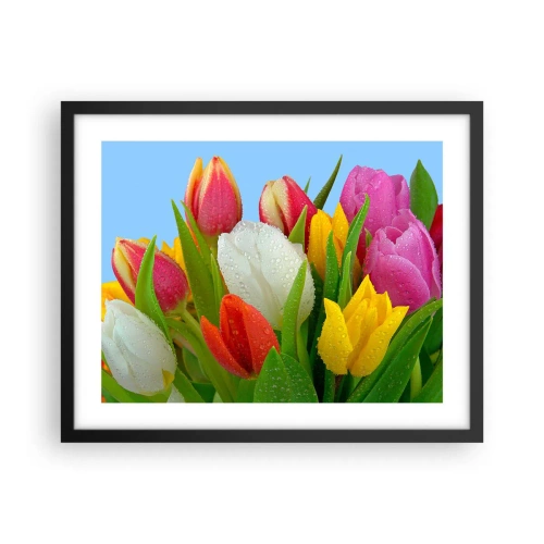 Poster în ramă neagră - Un curcubeu floral în picături de rouă - 50x40 cm