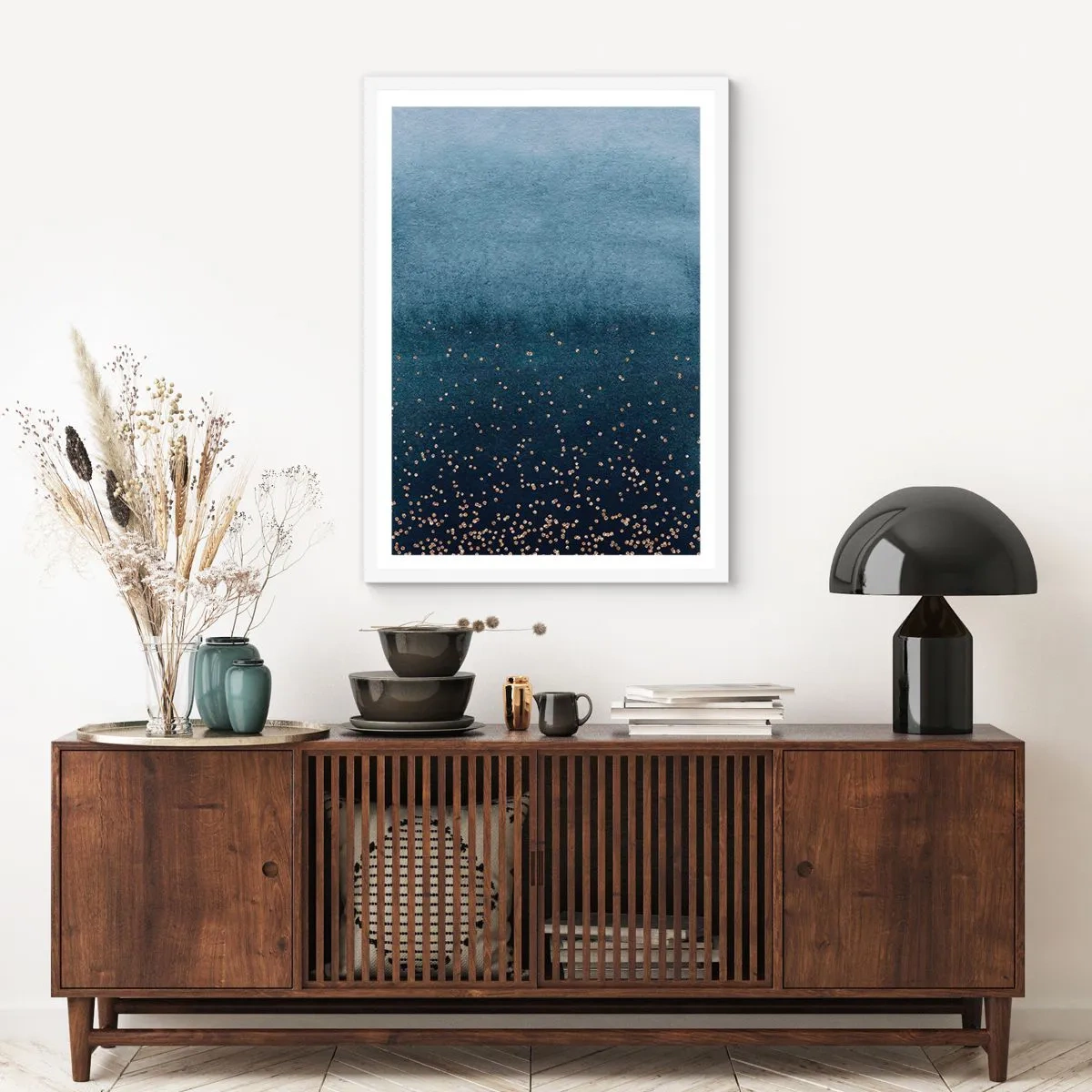 Poster în ramă albă - Compoziție - faze albastre - 70x100 cm