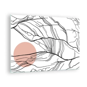 Tablou pe sticlă - Linii umbroase de ramuri cu un soare bej - 70x50cm - Într-o rețea de crengi - Decorațiune modernă pentru perete pentru living și dormitor ARTTOR