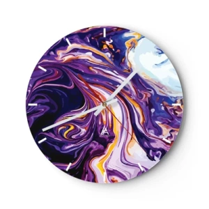 Ceas de perete - Ceas pe sticlă - Vârtejuri abstracte violet cu accente strălucitoare - 30x30cm - Îndoirea spațiului în mov - Decorațiune modernă pentru perete pentru living, bucătărie și dormitor ARTTOR