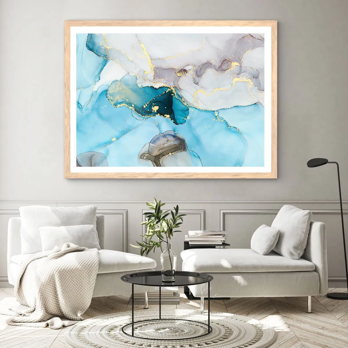 Poster în ramă de stejar deschis - Un studiu al întâlnirii dintre gri și turcoaz - 40x30 cm