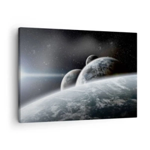 Tablou pe pânză Canvas - Planete în spațiu pe fundalul stelelor și galaxiilor - 70x50cm - Muzica cosmică a sferelor - Decorațiune modernă pentru perete pentru living și dormitor ARTTOR