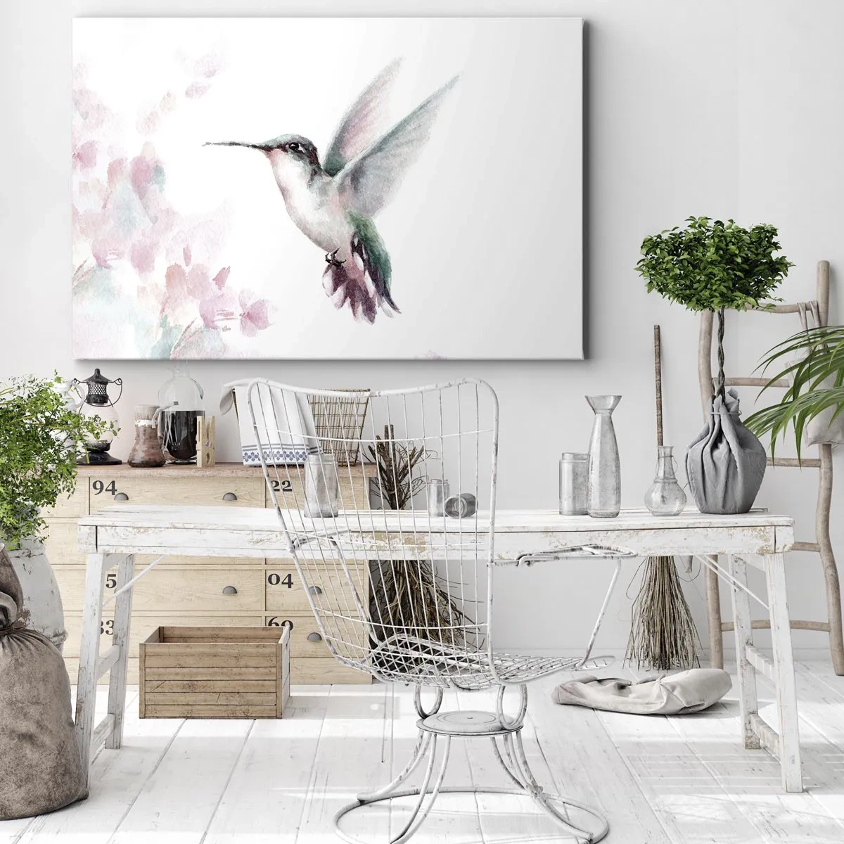 Tablou pe pânză Canvas - O colibri în culori pastelate delicate pe un fundal de flori - 70x50cm - Oprit în mișcare - Decorațiune modernă pentru perete pentru living și dormitor ARTTOR
