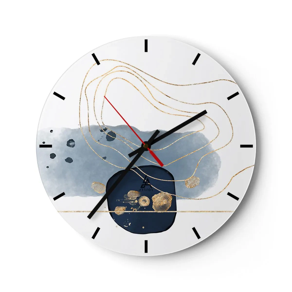 Ceas de perete - Ceas pe sticlă - Compoziție abstractă în nuanțe de albastru și auriu - 30x30cm - Fantezie albastru-auriu - Decorațiune modernă pentru perete pentru living, bucătărie și dormitor ARTTOR
