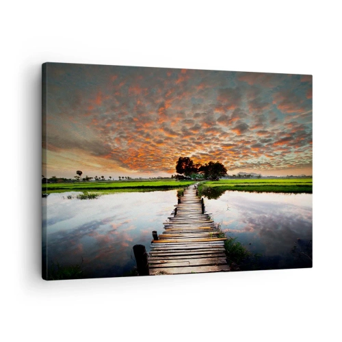 Tablou pe pânză Canvas - Pod de lemn peste apă la apus - 70x50cm - Întindeți brațele - respirați - Decorațiune modernă pentru perete pentru living și dormitor ARTTOR