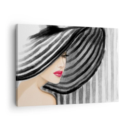 Tablou pe pânză Canvas - Femeie purtând o pălărie alb-negru cu accent roșu - 70x50cm - Unde te pot găsi? - Decorațiune modernă pentru perete pentru living și dormitor ARTTOR