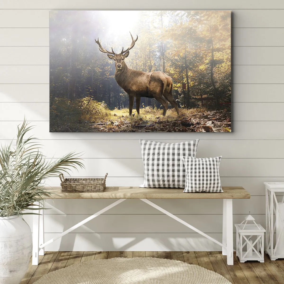Tablou pe pânză Canvas - Cerb în pădurea de toamnă cu raze de soare - 70x50cm - Măreție calmă - Decorațiune modernă pentru perete pentru living și dormitor ARTTOR