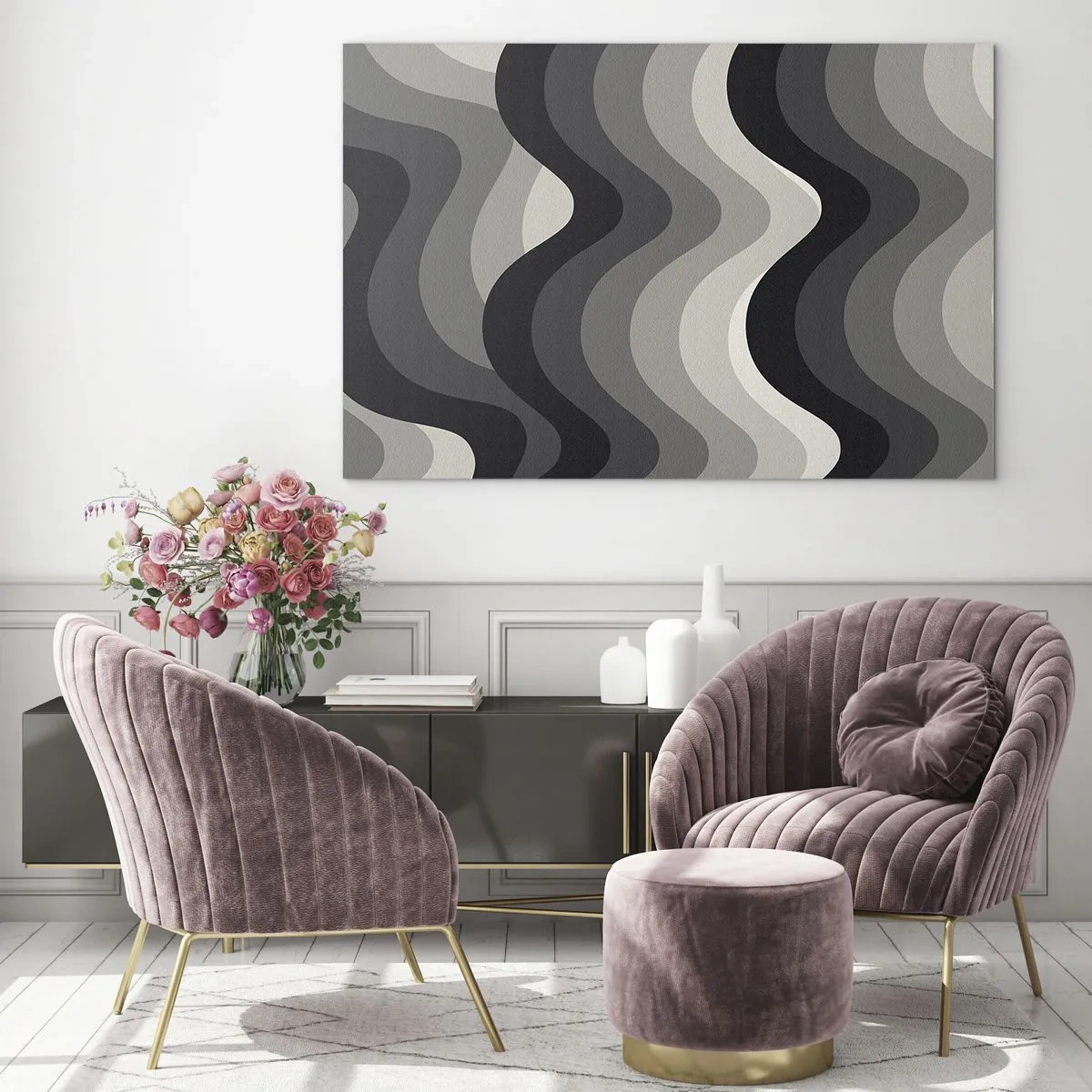 Tablou pe sticlă - Valurile în nuanțe de gri creează un model ritmic, geometric - 70x50cm - Val după val - Decorațiune modernă pentru perete pentru living și dormitor ARTTOR