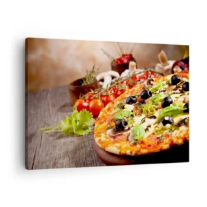 Tablou pe pânză Canvas - Pizza cu măsline, busuioc și ingrediente proaspete pe fundal de lemn - 70x50cm - Din ingredient teluric - Decorațiune modernă pentru perete pentru living și dormitor ARTTOR