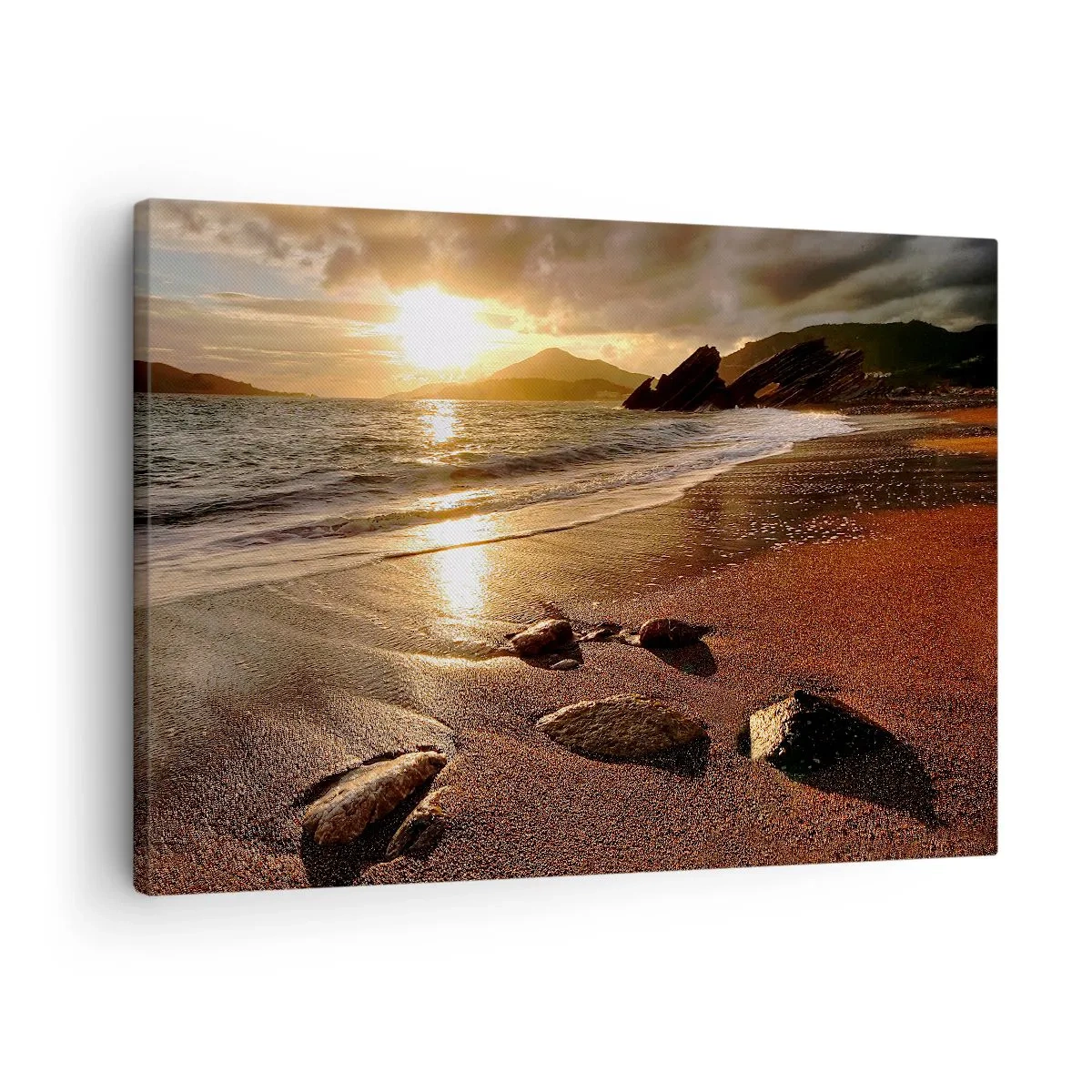 Tablou pe pânză Canvas - Plajă la apus cu pietre pe țărm - 70x50cm - Urmează soarele spre dealuri - Decorațiune modernă pentru perete pentru living și dormitor ARTTOR