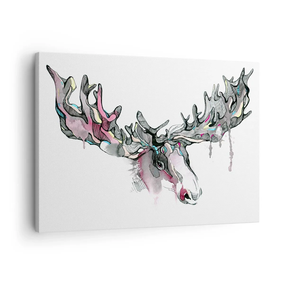 Tablou pe pânză Canvas - Acuarelă artistică a unui elan cu coarne bogate - 70x50cm - Coroana regelui pădurii - Decorațiune modernă pentru perete pentru living și dormitor ARTTOR