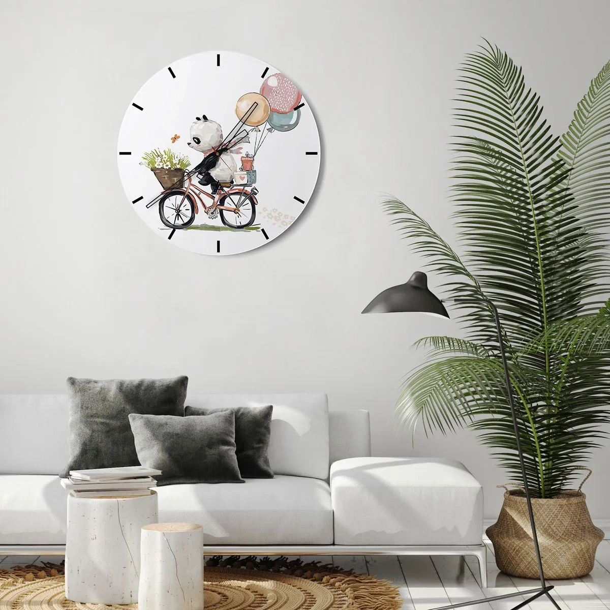 Ceas de perete - Ceas pe sticlă - Panda pe o bicicletă cu baloane și un coș plin cu flori - 30x30cm - O zi fericită - Decorațiune modernă pentru perete pentru living, bucătărie și dormitor ARTTOR