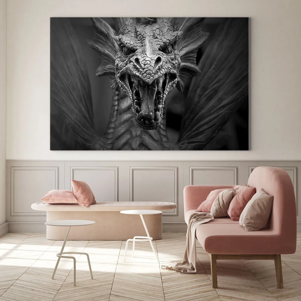 Tablou pe sticlă - Dragon de basm în gri - 120x80 cm