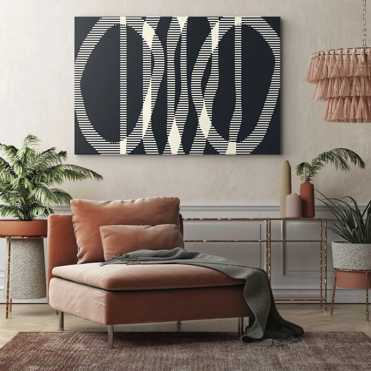Tablou pe pânză Canvas - Linii geometrice în nuanțe deschise pe un fundal întunecat - 70x50cm - Încercare de străpungere a întunericului - Decorațiune modernă pentru perete pentru living și dormitor ARTTOR
