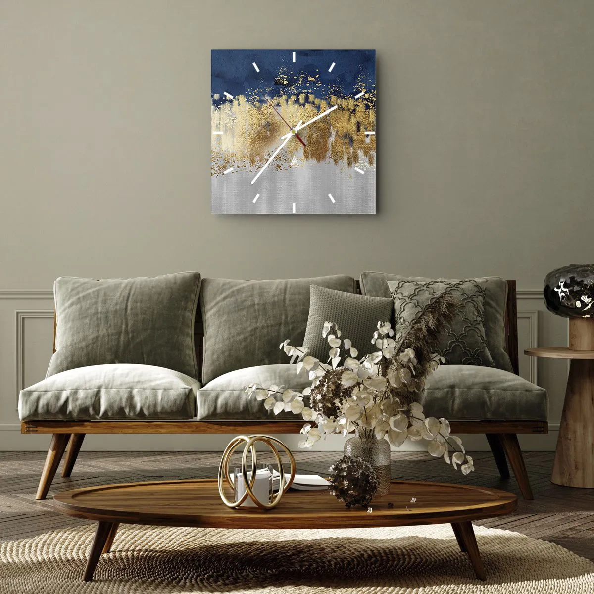 Ceas de perete - Ceas pe sticlă - Compoziție modernă cu bliț - 30x30 cm