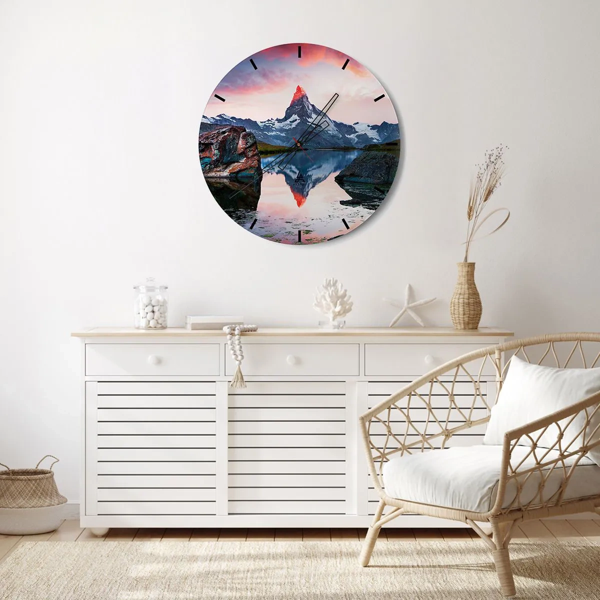 Ceas de perete - Ceas pe sticlă - Matterhornul reflectându-se într-un lac liniștit la apus - 30x30cm - Inima munților este fierbinte - Decorațiune modernă pentru perete pentru living, bucătărie și dormitor ARTTOR