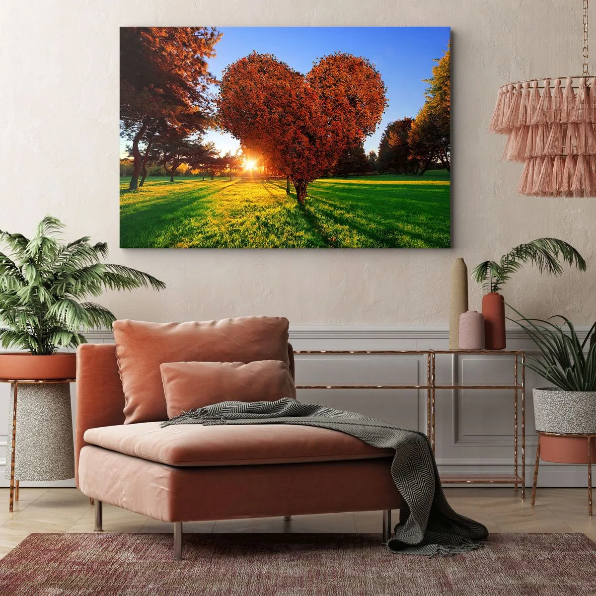 Tablou pe pânză Canvas - Un copac în formă de inimă într-un peisaj de toamnă - 70x50cm - Și cum să nu iubești toamna? - Decorațiune modernă pentru perete pentru living și dormitor ARTTOR