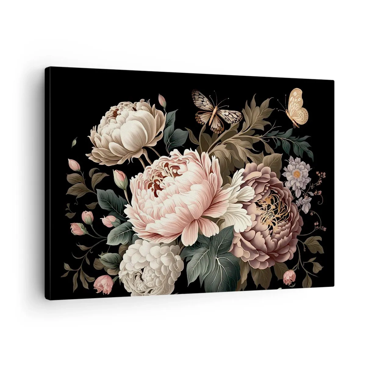 Tablou pe pânză Canvas - Un buchet de flori roz și fluturi pe fundal negru - 70x50cm - În stil baroc - Decorațiune modernă pentru perete pentru living și dormitor ARTTOR