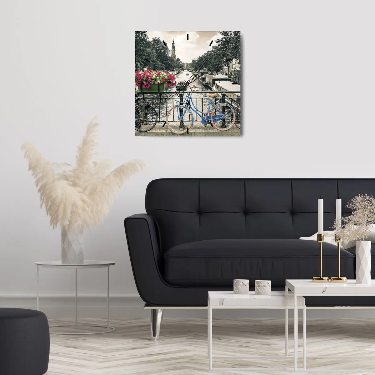 Ceas de perete - Ceas pe sticlă - Culorile unui canal din Amsterdam - 30x30 cm