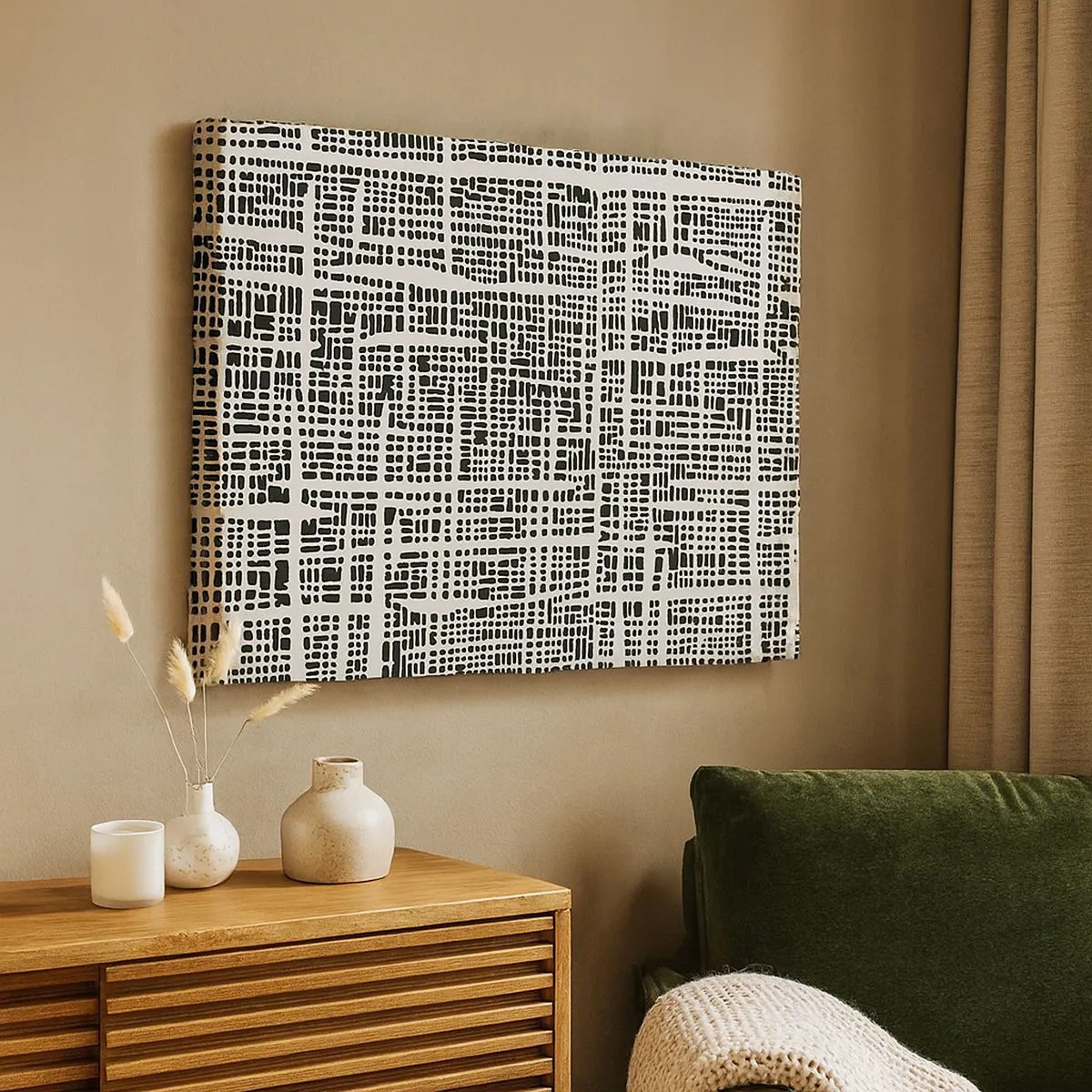 Tablou pe pânză Canvas - Un model geometric asemănător unei grile pe un fundal deschis - 70x50cm - O compoziție țesută - Decorațiune modernă pentru perete pentru living și dormitor ARTTOR