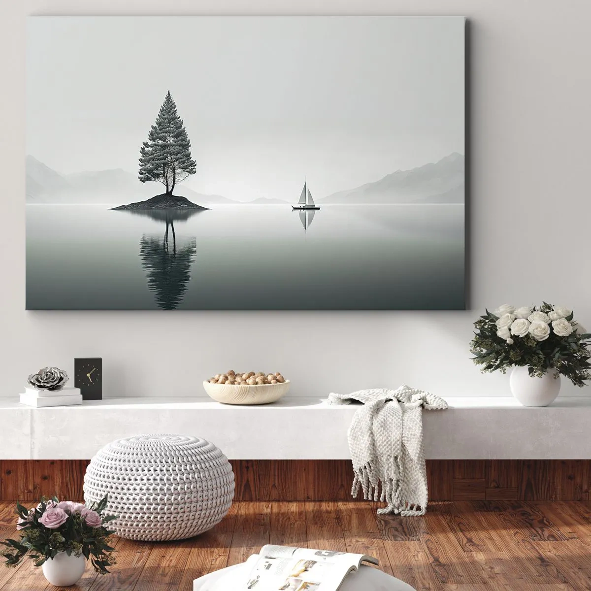 Tablou pe pânză Canvas - Un peisaj minimalist cu un copac pe o insulă și o barcă cu pânze. - 70x50cm - Visând cu ochii deschiși - Decorațiune modernă pentru perete pentru living și dormitor ARTTOR