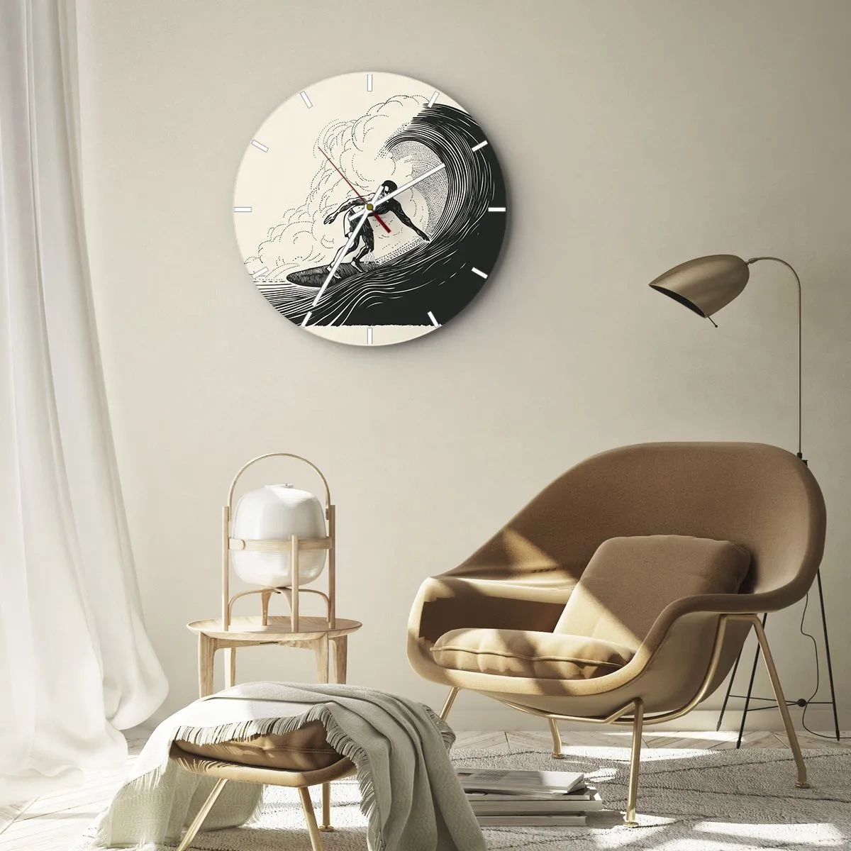 Ceas de perete - Ceas pe sticlă - Surfer pe un val retro - 30x30cm - Regele valului - Decorațiune modernă pentru perete pentru living, bucătărie și dormitor ARTTOR