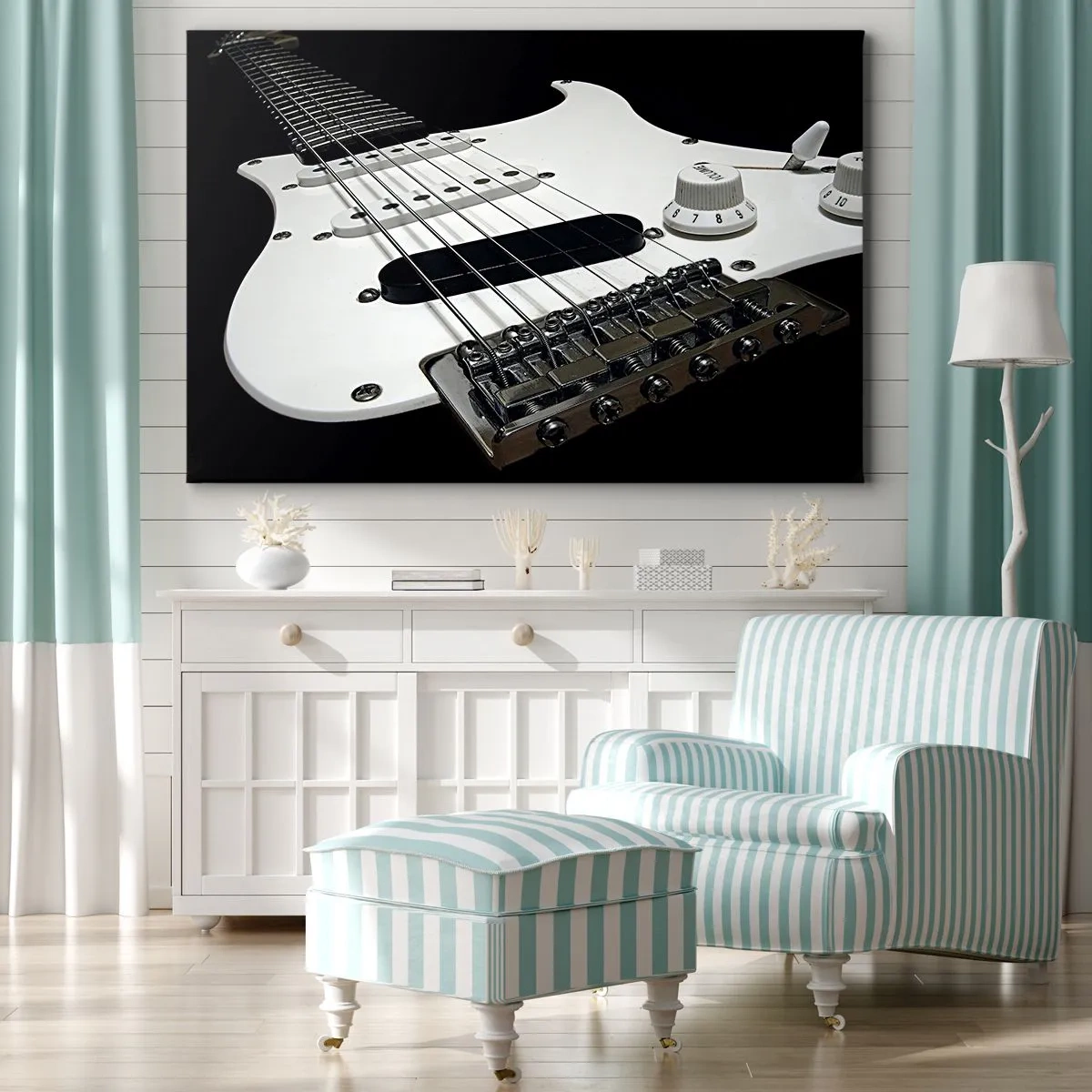 Tablou pe pânză Canvas - Prim-plan al unei chitare electrice albe pe fundal negru. - 70x50cm - Sunet ascuns în alb - Decorațiune modernă pentru perete pentru living și dormitor ARTTOR