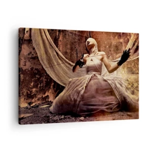Tablou pe pânză Canvas - O femeie într-o rochie cu fața acoperită și foarfece în mâini - 70x50cm - Zeița destinului - Decorațiune modernă pentru perete pentru living și dormitor ARTTOR