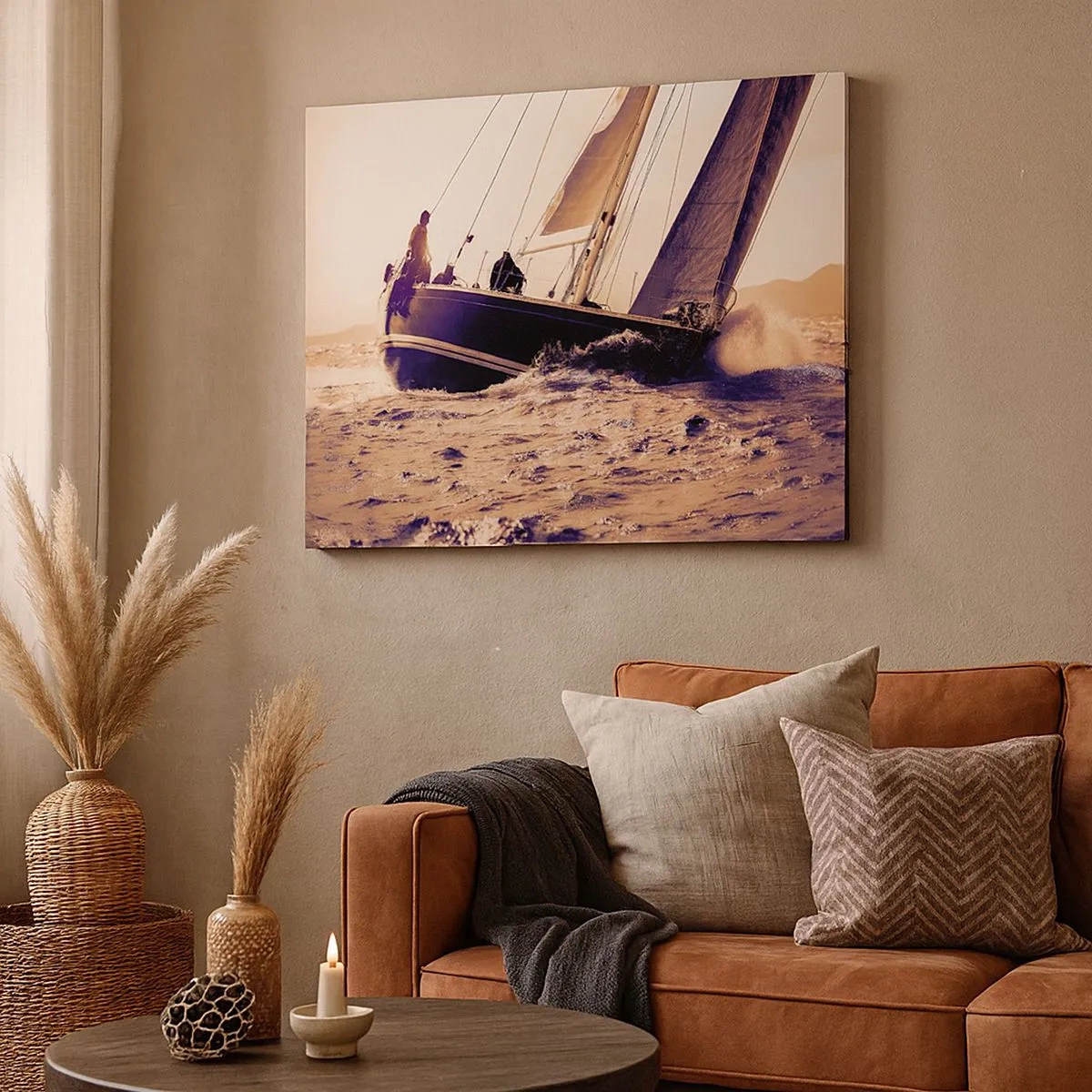 Tablou pe pânză Canvas - Un iaht pe o mare furtunoasă în lumina soarelui care apune - 70x50cm - Pânzele sunt gata - Decorațiune modernă pentru perete pentru living și dormitor ARTTOR