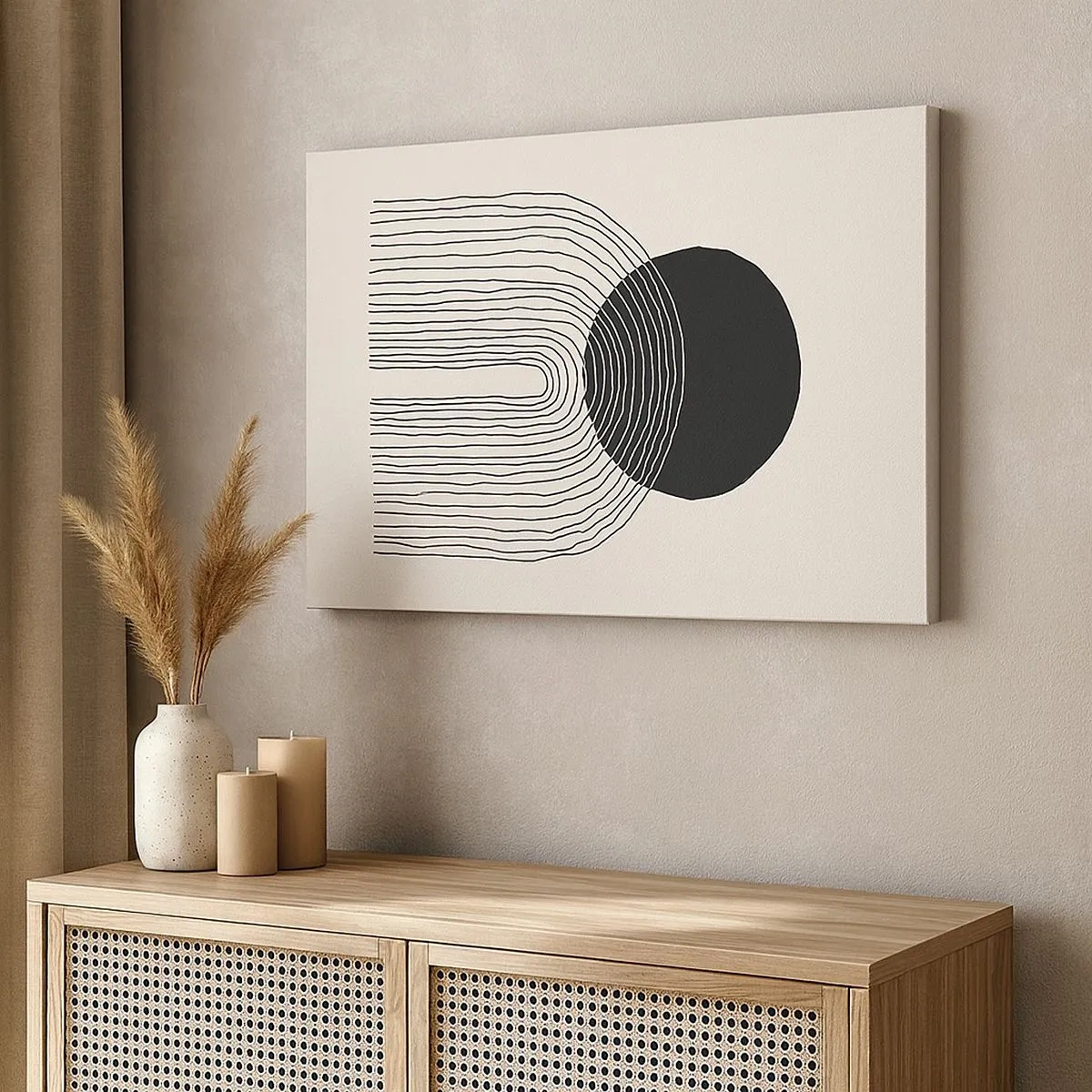Tablou pe pânză Canvas - Model abstract cu linii și un cerc negru pe un fundal deschis - 70x50cm - Tremurând și încrezător - Decorațiune modernă pentru perete pentru living și dormitor ARTTOR