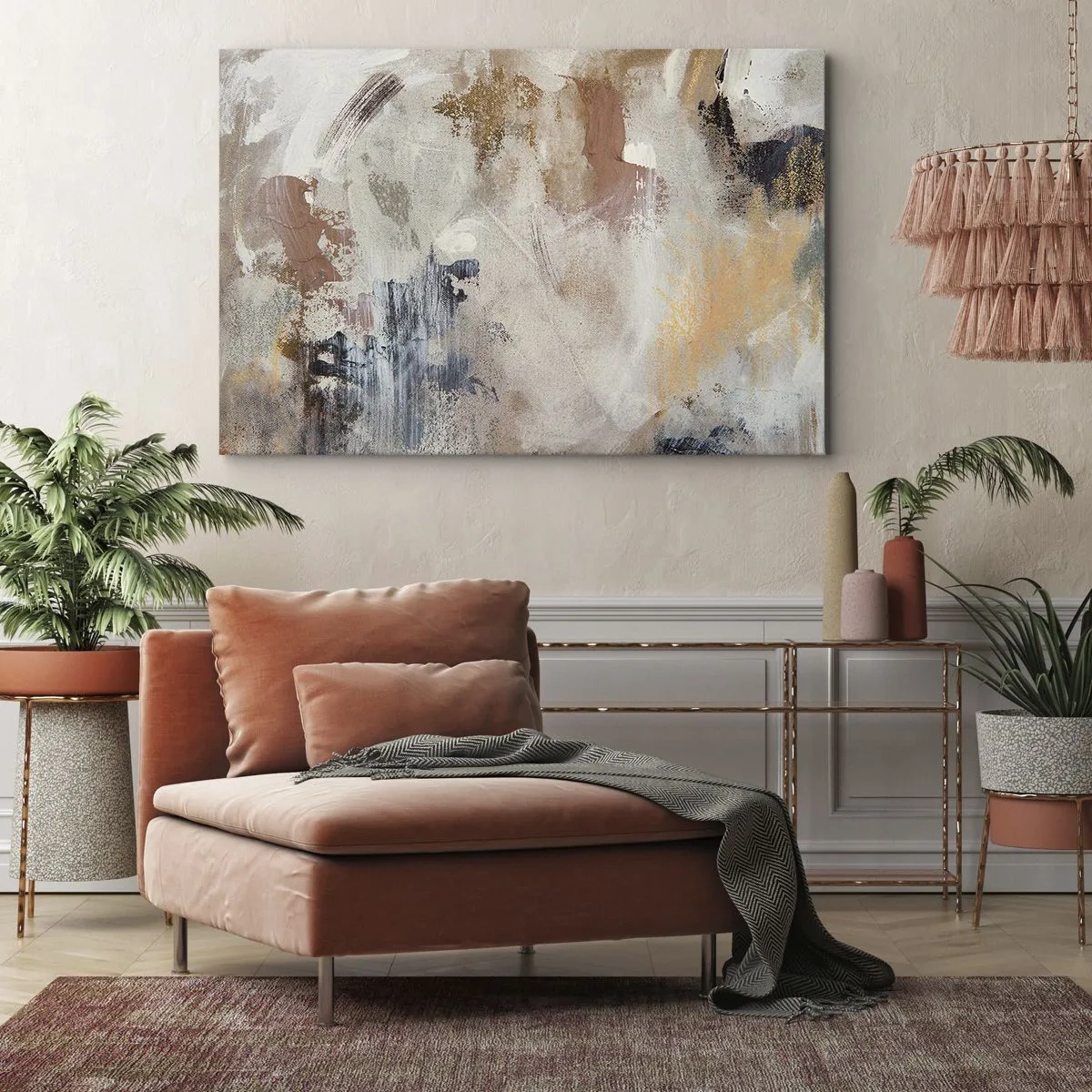 Tablou pe pânză Canvas - Pete abstracte în nuanțe estompate de bej și auriu - 70x50cm - Abstracție cețoasă - Decorațiune modernă pentru perete pentru living și dormitor ARTTOR