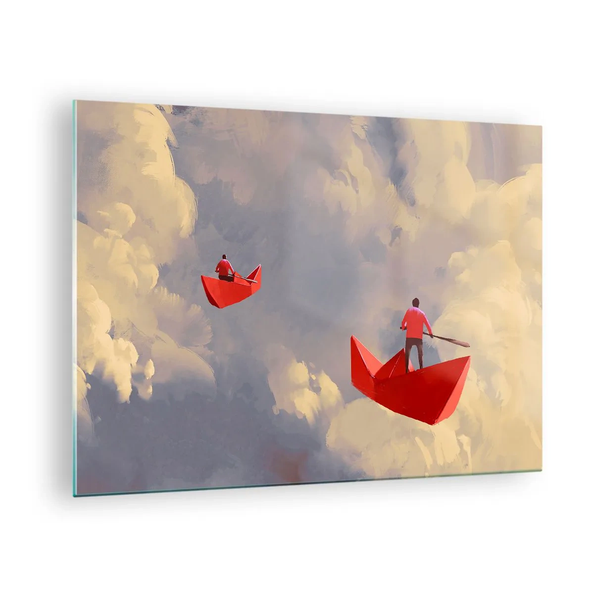 Tablou pe sticlă - Două persoane în bărci roșii pe un cer înnorat - 70x50cm - Expediția visătorilor - Decorațiune modernă pentru perete pentru living și dormitor ARTTOR