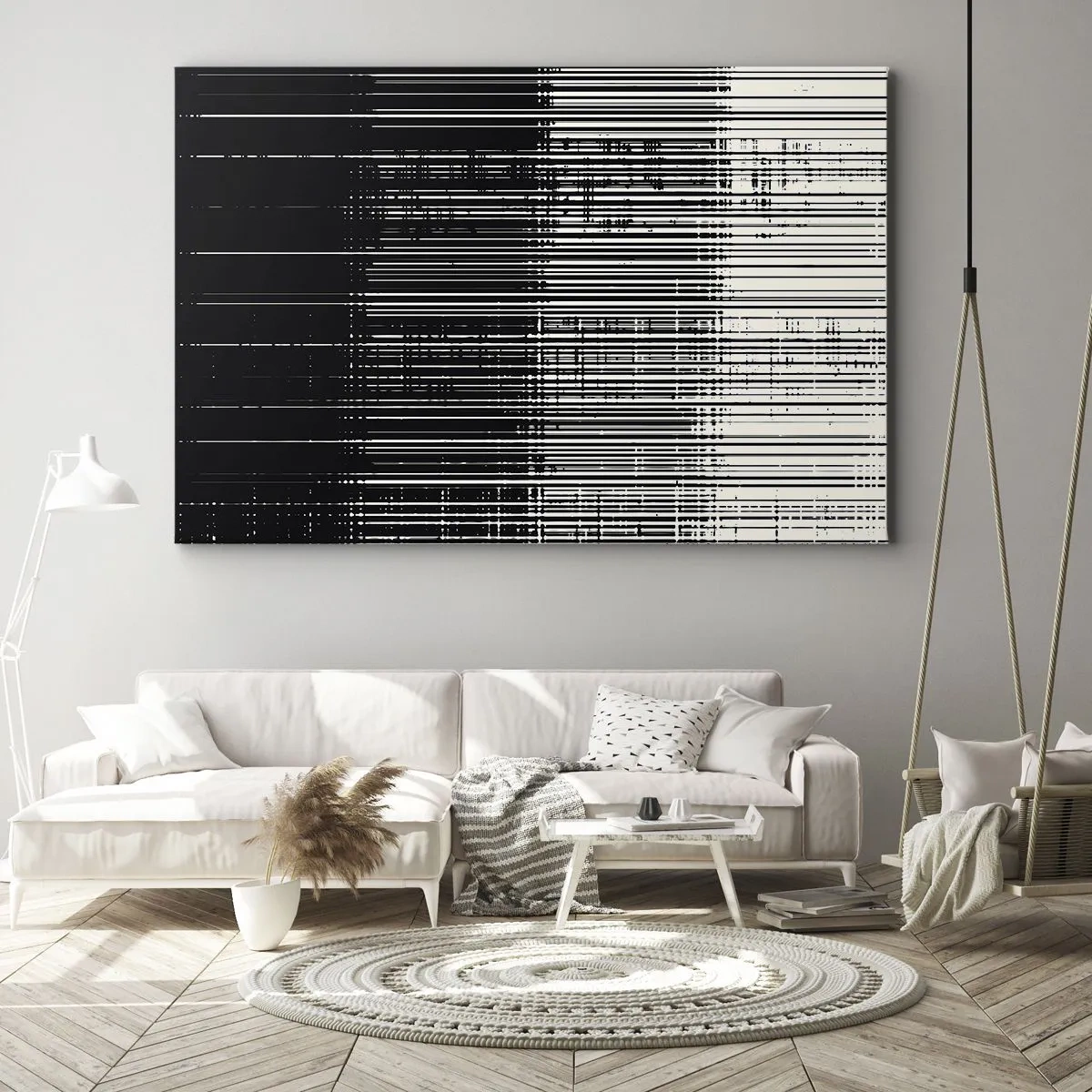 Tablou pe pânză Canvas - Compoziție abstractă de linii în contrast alb-negru - 70x50cm - Valuri și vibrații - Decorațiune modernă pentru perete pentru living și dormitor ARTTOR
