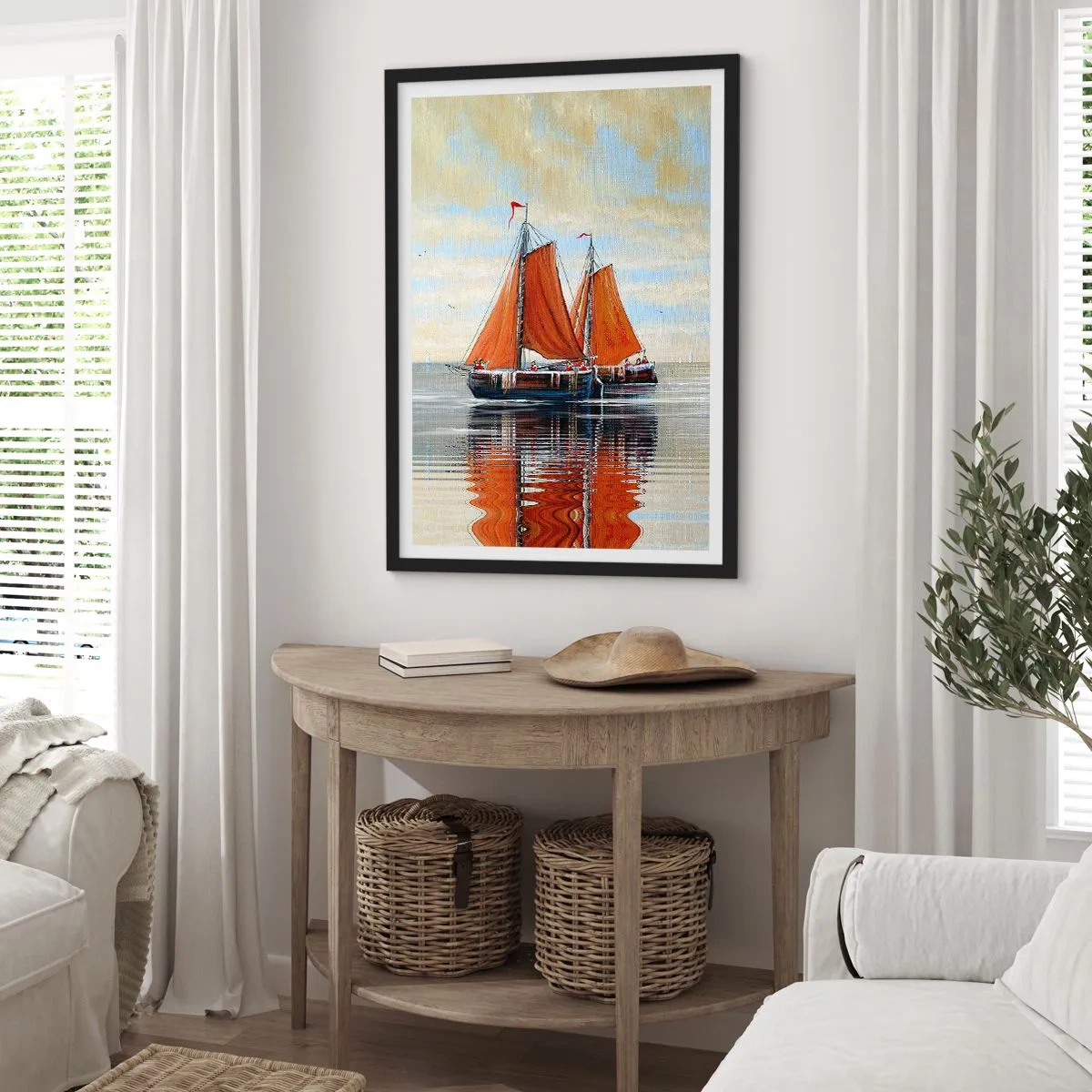 Poster în ramă neagră - Bărci cu pânze pe ape calme cu vele roșii - 50x70cm - Hei, marinarule, navighează... - Decorațiune modernă pentru perete pentru living și dormitor ARTTOR