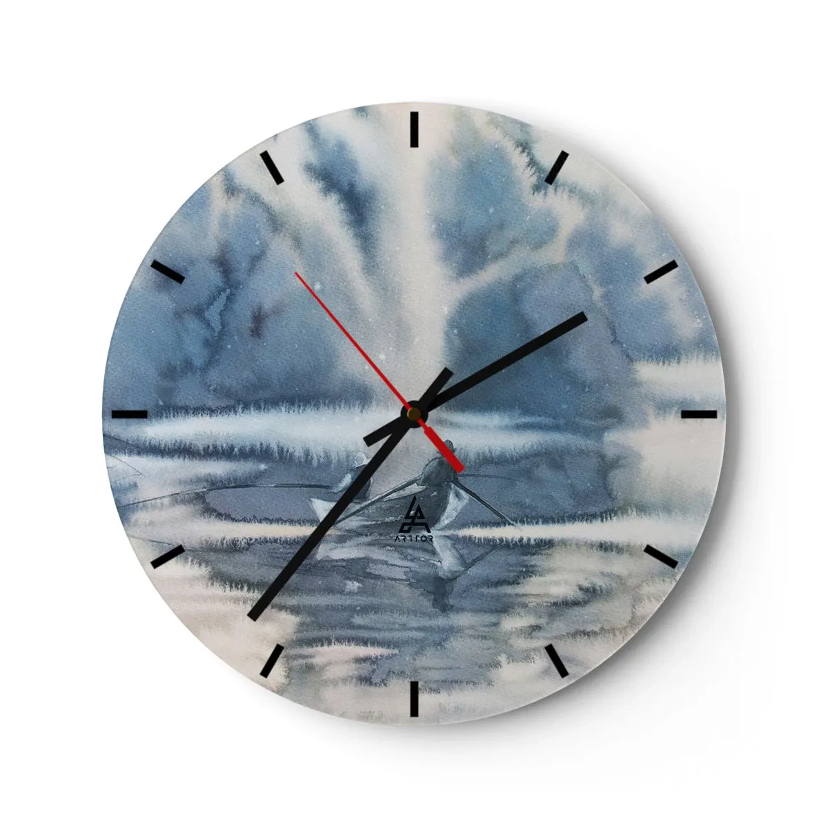 Ceas de perete - Ceas pe sticlă - Scenă de pescuit pe un lac liniștit, înconjurat de copaci învăluiți în ceață - 30x30cm - Pescarii în paradisul lor - Decorațiune modernă pentru perete pentru living, bucătărie și dormitor ARTTOR
