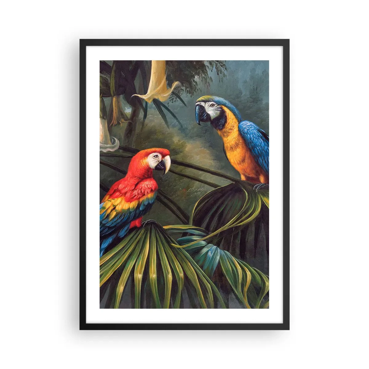 Poster în ramă neagră - Papagali tropicali înconjurați de vegetație luxuriantă - 50x70cm - Romantismul la tropice - Decorațiune modernă pentru perete pentru living și dormitor ARTTOR