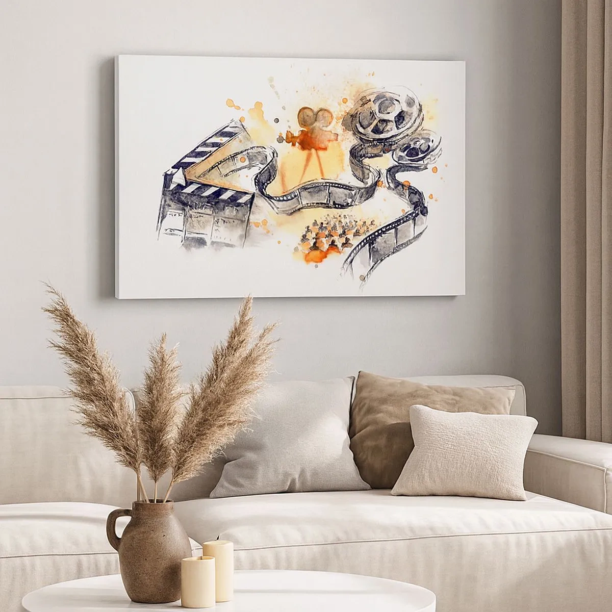 Tablou pe pânză Canvas - Simbolismul cinematografiei cu o bandă de film într-o acuarelă artistică - 70x50cm - În țara viselor - Decorațiune modernă pentru perete pentru living și dormitor ARTTOR