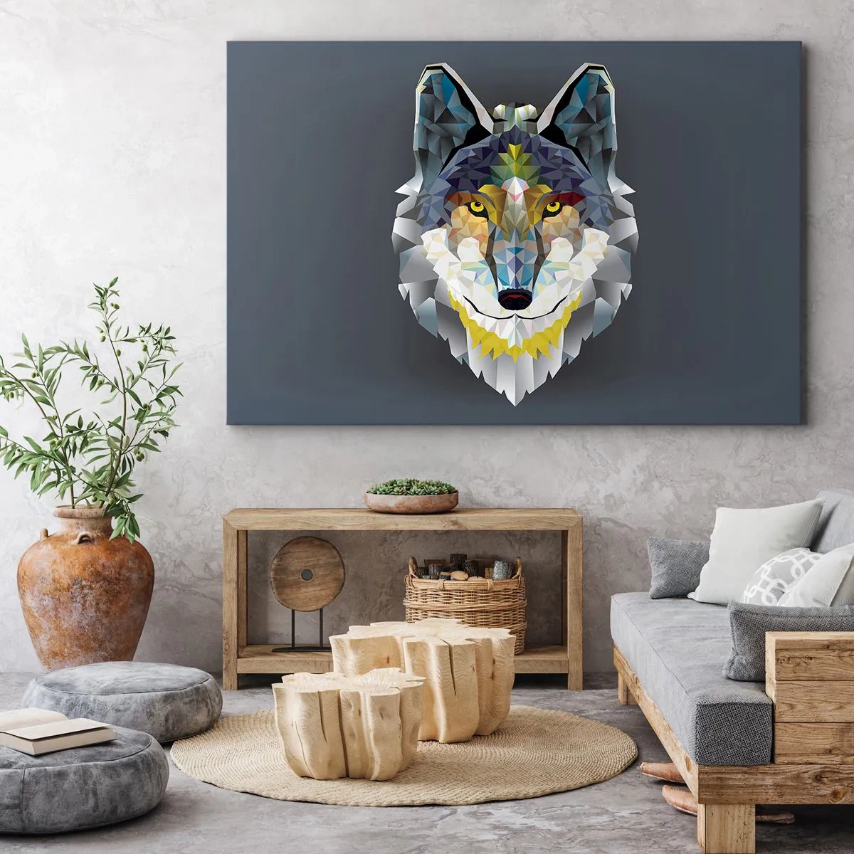 Tablou pe pânză Canvas - Imagine geometrică a unui lup pe un fundal gri - 70x50cm - Ce știm despre lup - Decorațiune modernă pentru perete pentru living și dormitor ARTTOR