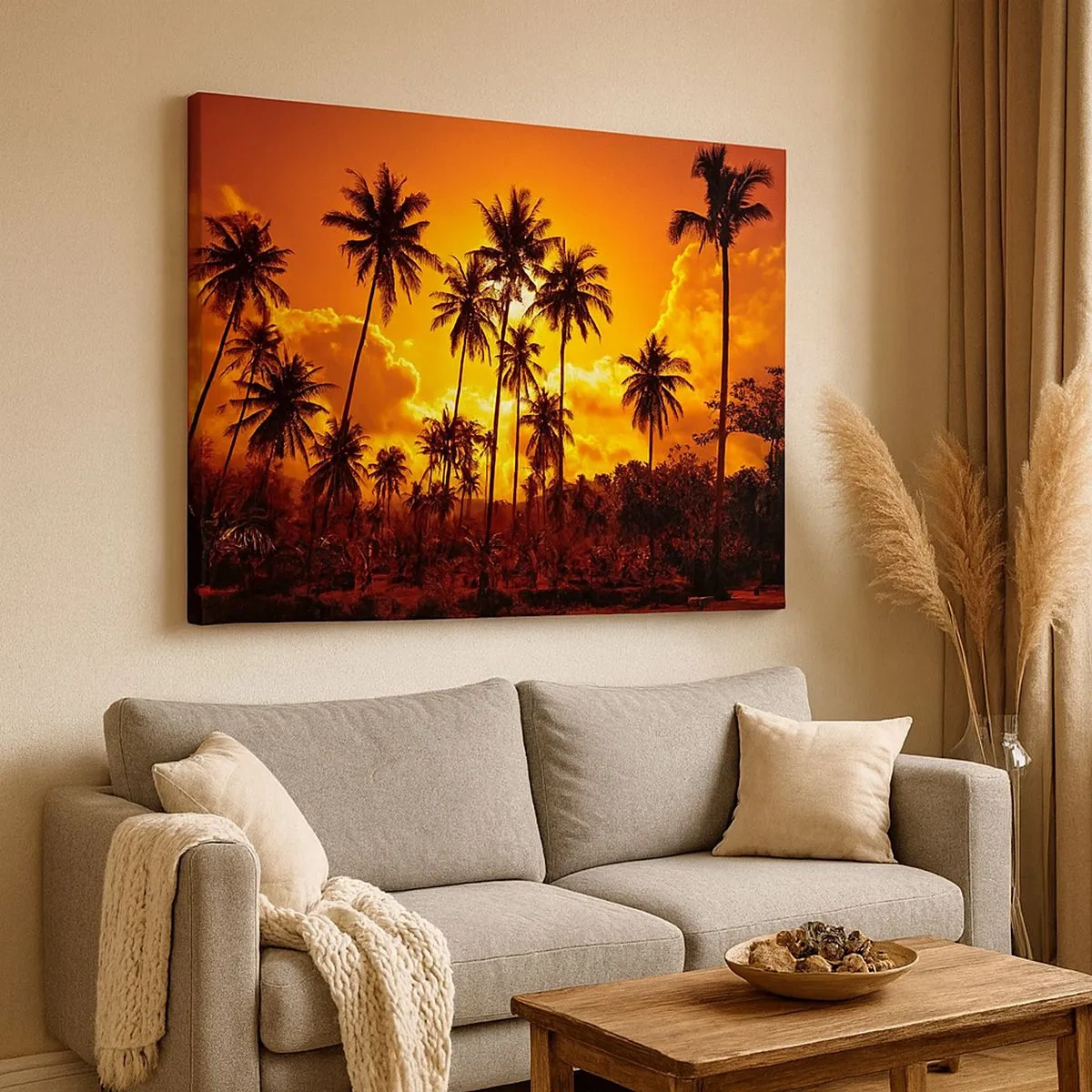 Tablou pe pânză Canvas - Palmieri pe un cer auriu în timpul unui apus de soare tropical - 70x50cm - Munții ard, pădurile ard - Decorațiune modernă pentru perete pentru living și dormitor ARTTOR
