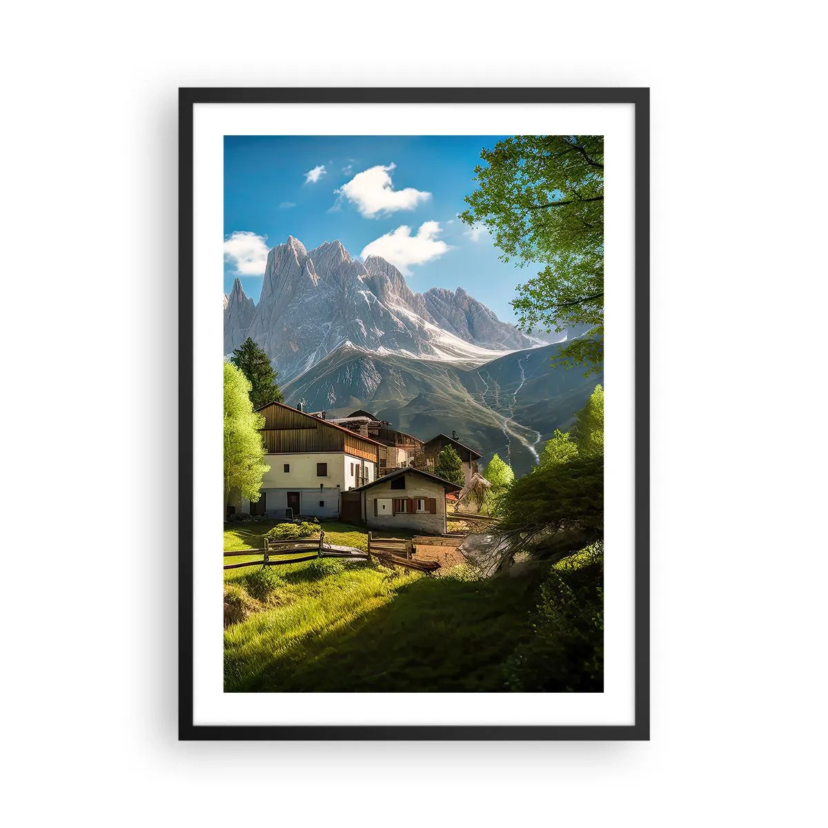 Poster în ramă neagră - Un sat de munte la poalele unor vârfuri maiestuoase - 50x70cm - Idilă alpină - Decorațiune modernă pentru perete pentru living și dormitor ARTTOR