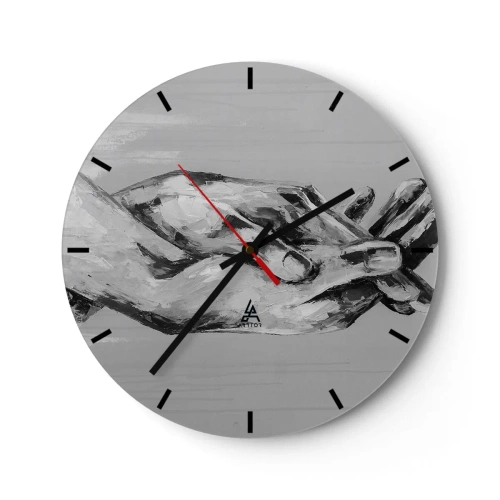 Ceas de perete - Ceas pe sticlă - Mâini simbolice în nuanțe de gri surprinse într-un stil artistic - 30x30cm - Începutul... - Decorațiune modernă pentru perete pentru living, bucătărie și dormitor ARTTOR